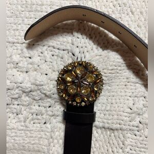 Casual Corner Annex Black Belt with Yellow Red Rhinestone Buckle
